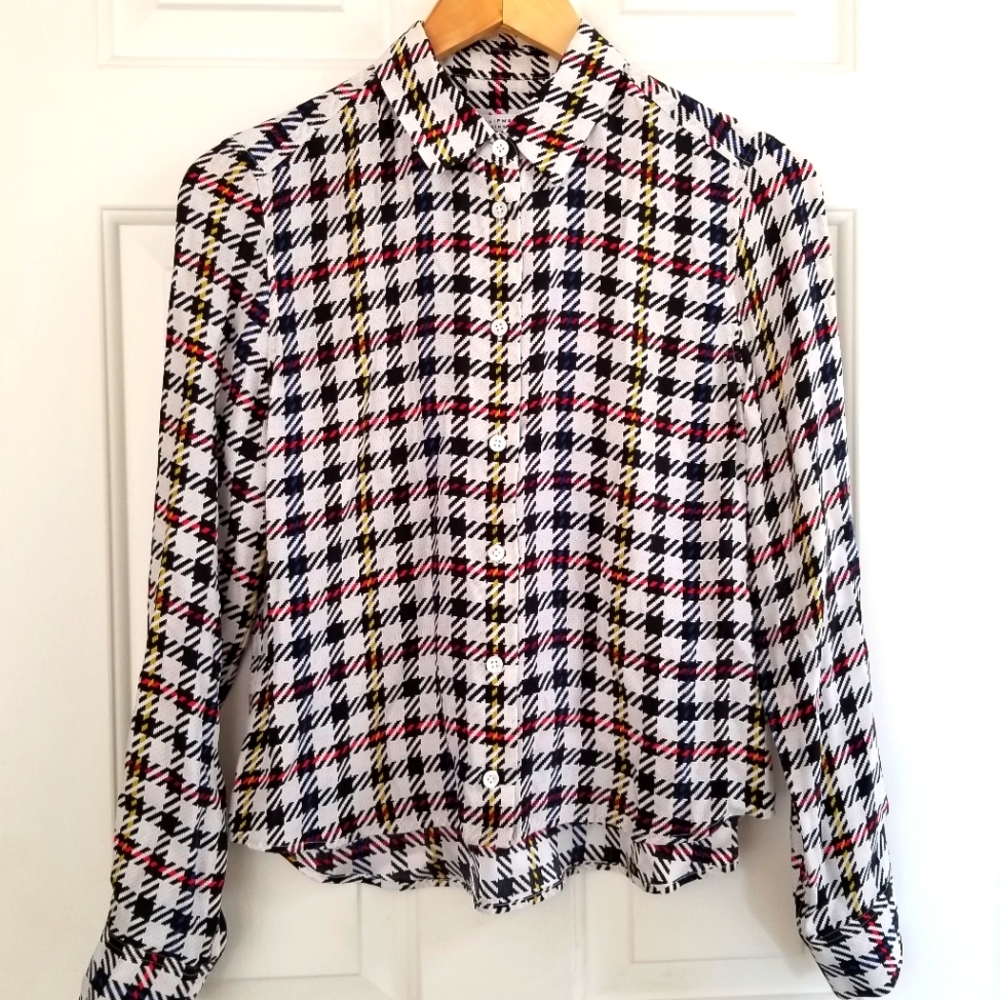 Women's Black and White Houndstooth Button-Up Shirt with Red and Yellow Accents